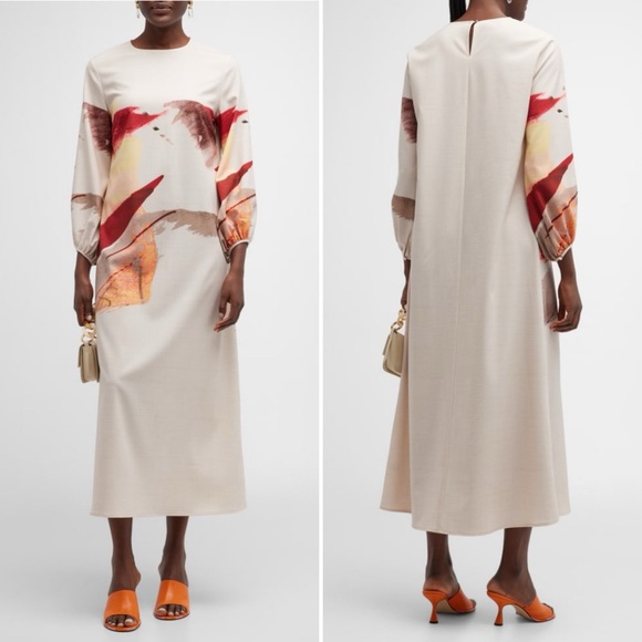 MISOOK Painted Sunset Blouson Sleeve Maxi Dress Beige Sz XL NWT - Picture 1 of 16